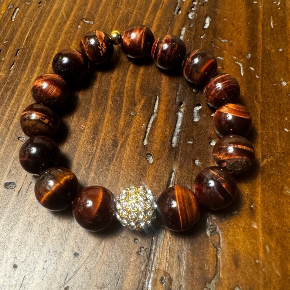 Elegant Custom Tiger Eye bracelet with gold-tone pave Swarovski crystal bead